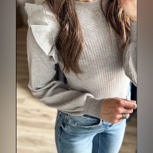 Gray ribbed turtleneck ruffled boho bohemian knit sleeve sweater